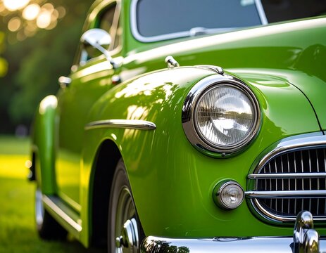 Fototapeta Vibrant green vintage car embodying classic style and automotive history detail