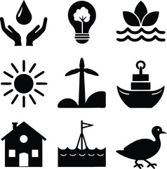 A collection of ecology vector icons featuring tree and sun symbols in a black silhouette design for holiday and travel illustrations
