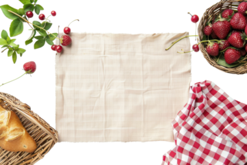 Fresh fruits and bread arranged for a picnic setting on a white cloth with vibrant colors in a sunny outdoor atmosphere