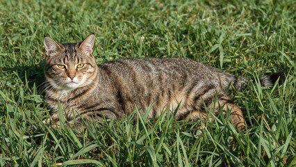 Grass-Lying Mackerel Patterned Tabby Cat
