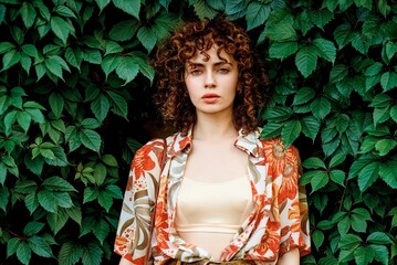 Beautiful young woman in a floral shirt stands before a green wall of leaves.