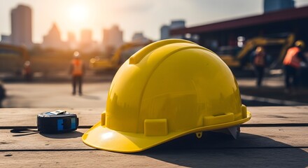 Safety first with vibrant yellow hard hat and tape measure at a busy construction site ready for skilled workers and new building projects