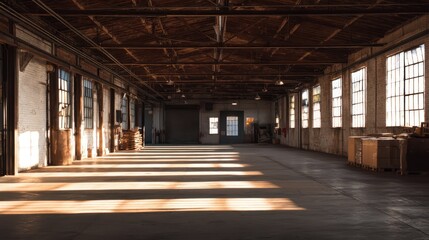 Naklejka premium Spacious Warehouse Bathed in Natural Light from Window Above