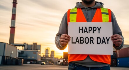 Celebrate Labor Day with a dedicated worker in vibrant safety gear holding a sign against a sunset industrial backdrop, perfect for holiday promotions