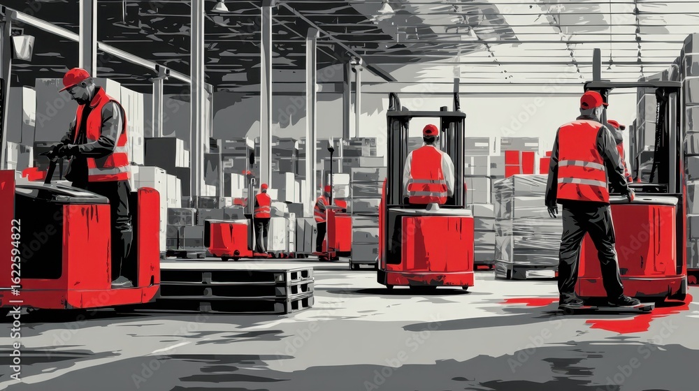 Poster warehouse workers operating pallet jacks in busy distribution center