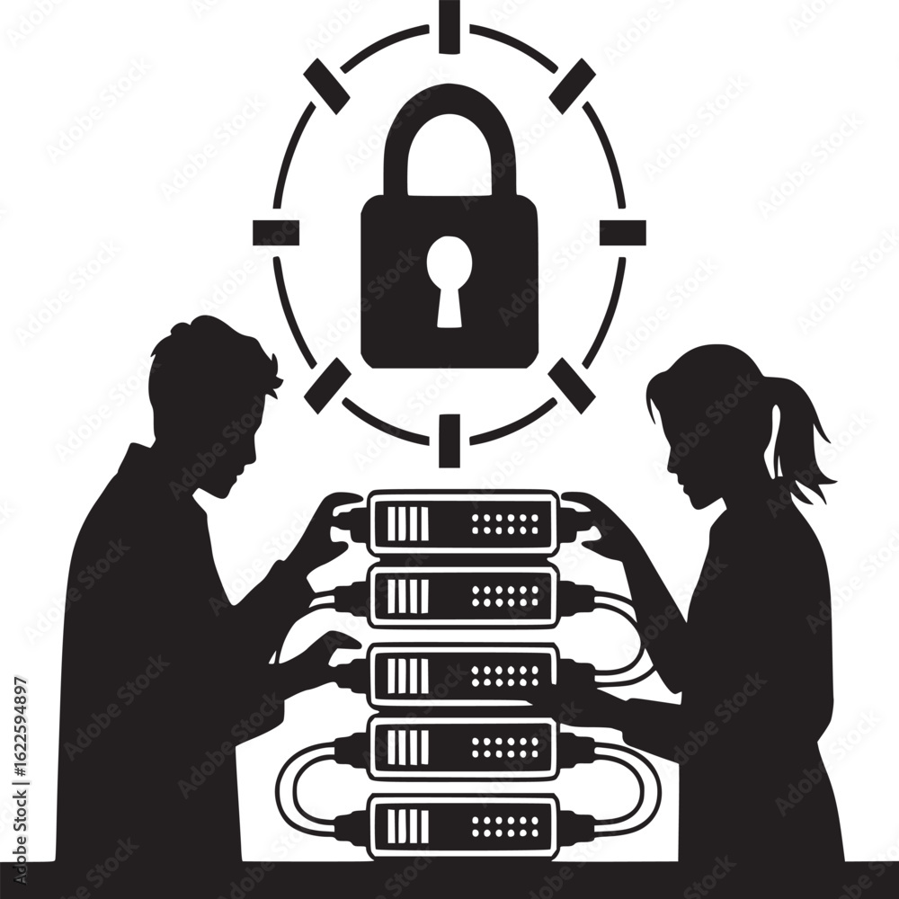 Poster silhouettes of people managing a server rack with a padlock above representing data security measure