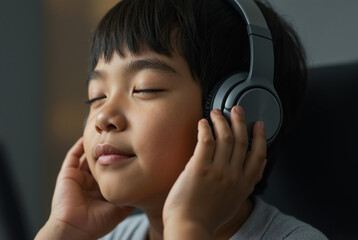 Asian boy with eyes closed listening to music on headphones. Child enjoying audio with a relaxed expression.