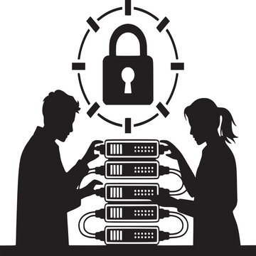 Cybersecurity data protection silhouette, IT engineers securing server rack hardware, network safety and cloud storage encryption EPS