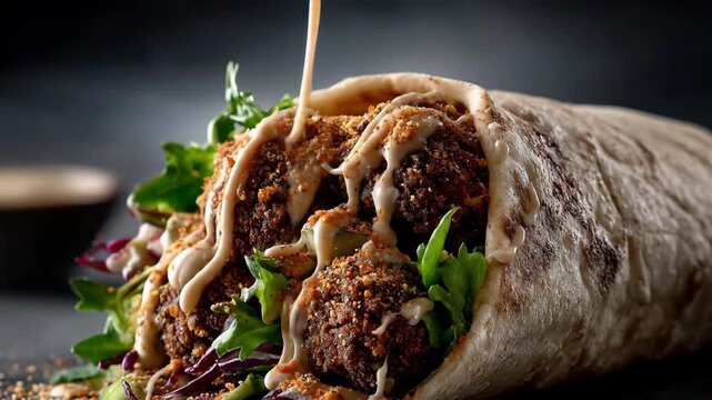 Vegetarian shawarma roll filled with nuts, greens, and fresh ingredients, vibrant and healthy studio shot.

