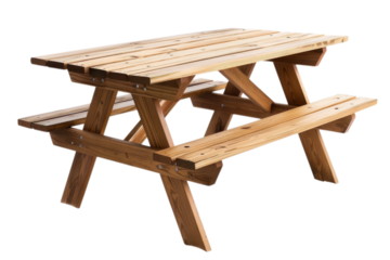 Wooden picnic table designed for outdoor gatherings in gardens or parks during sunny days for family and friends to enjoy meals together