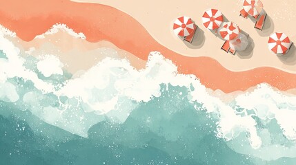 Obraz premium Aerial view of a beach with colorful umbrellas and sun loungers.