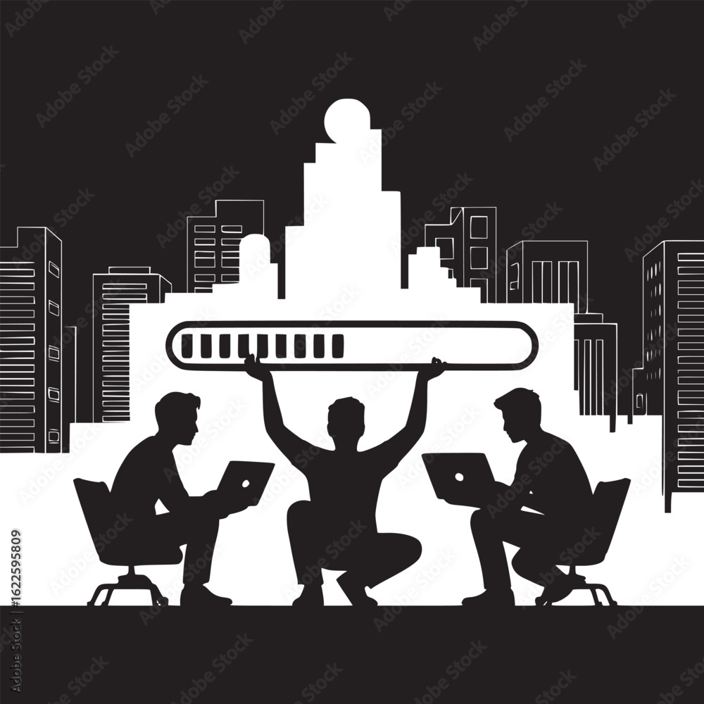 Poster silhouetted figures working with laptops supporting a loading bar against a city skyline view