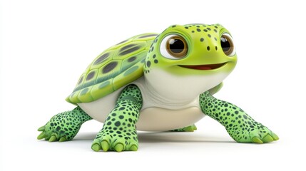 Obraz premium Adorable cartoon turtle, green shell, big eyes, smiling, isolated on white.