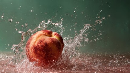 Fresh Peach Splashing in Clear Water with Ripples and Bubbles