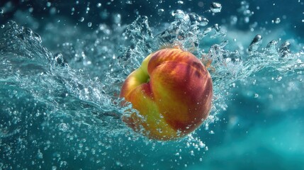 Fresh Peach Splashing in Clear Water with Dynamic Bubbles