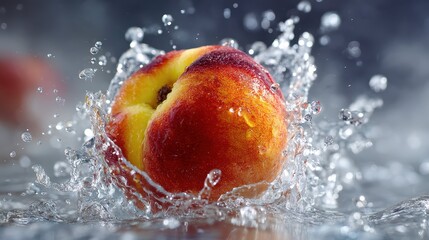 Fresh Whole Peach Splashing in Clear Water