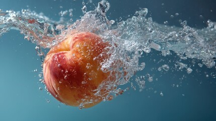 Fresh Peach Splashing in Clear Water with Bubbles and Ripples