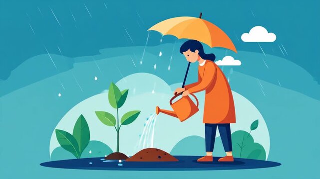 Caring Woman with an Umbrella Waters a Young Sapling During a Rainstorm, Symbolizing Nurture and Growth