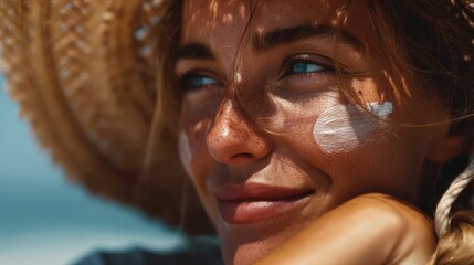Woman Applying Sunscreen on Her Face While Relaxing at the Beach