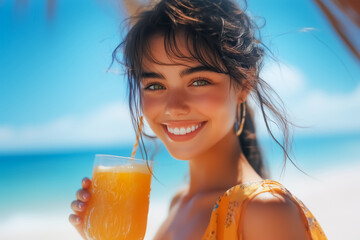 Portrait of beautiful young girl holding glass of refreshing cocktail and smiling looking at camera on beach against background of blue sky