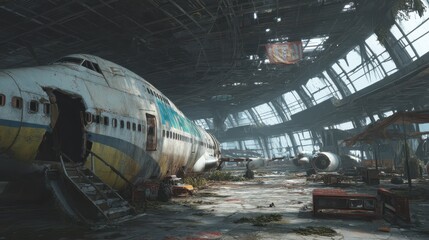 Wreckage in Abandoned Airport Terminal with Overgrown Vegetation