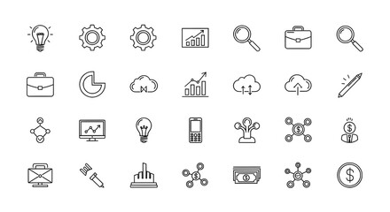 Minimalist Business and Technology Icon Set – Black and White Stroke Style