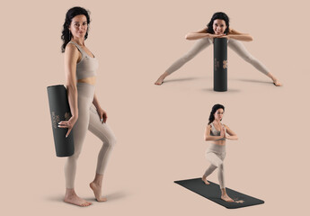 3 Mockups of Sports Top, Leggings and Yoga Mat