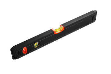 Black plastic spirit level tool with yellow vials and orange accents used for precise horizontal or...