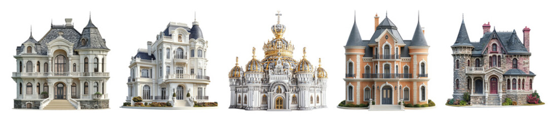 Obraz premium Vintage Architectural Styles of Exquisite Luxury Homes and Mansions, PNG bundle collection, Isolated on Transparent Background