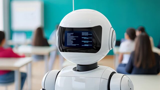 Autonomous robot teaching class of students in modern classroom setting