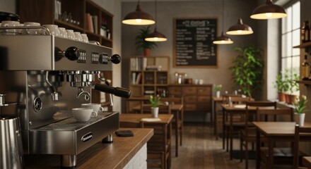 An empty, warmly lit coffee shop interior with a professional espresso machine on the counter.