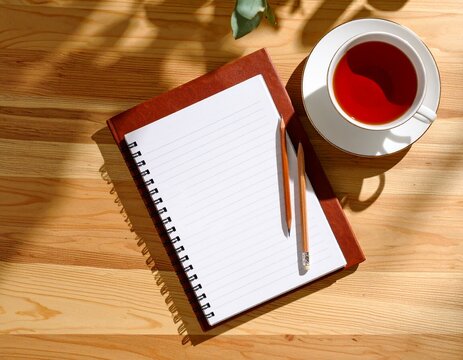 Minimal clean desk flatlay with an unopened notebook, a sharp pencil, and a warm cup of herbal tea in soft sunrise light. Calm and airy scene perfect for productivity campaigns