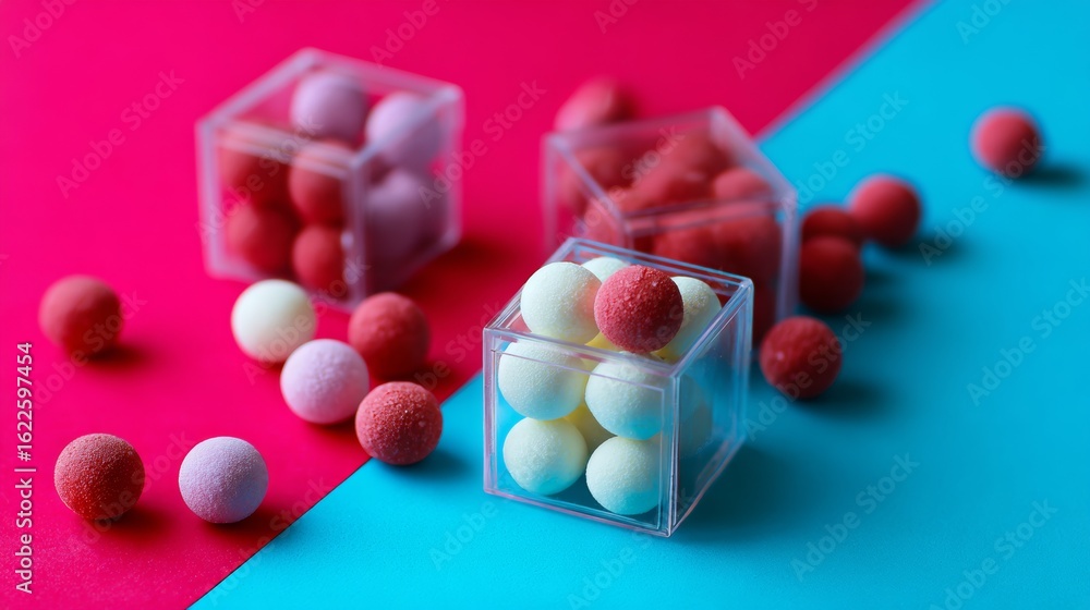 Poster candy spheres in transparent boxes on colorful background in playful minimal sweet treat display