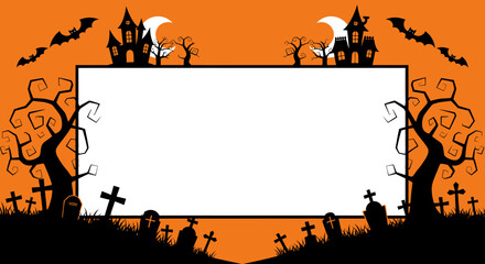 Halloween Party Banner with Haunted House and Graveyard Silhouette