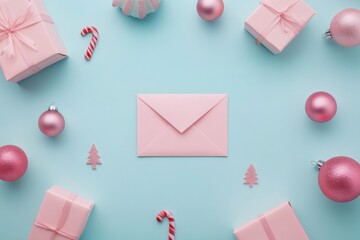 Top view of pastel pink envelope surrounded by Christmas gifts, baubles, candy canes on blue background. Festive flat lay for holiday greetings. Soft light. Minimal and elegant composition