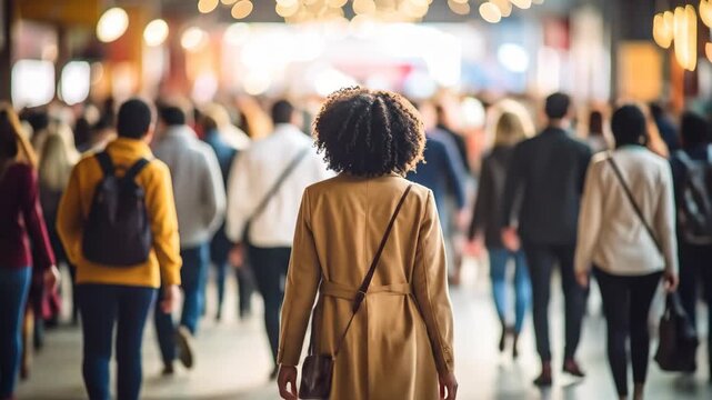 Cinematic View of a Woman Walking Through a Bustling Crowd in a Brightly Lit Public Concourse