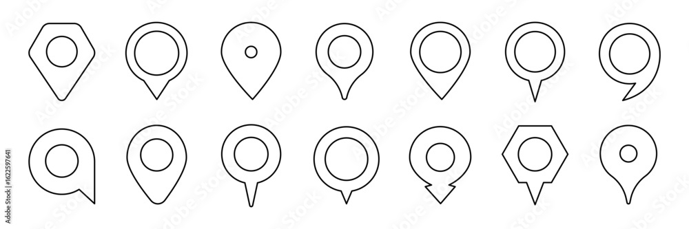 Poster set of outline map pin vector icon. marker location icon set