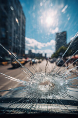Obraz premium Broken car window reveals city life during summer day with sunny skies and bustling street activity