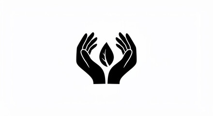 Two hands gently cupping a leaf, symbolizing care, protection, and environmental consciousness in a minimalist design.