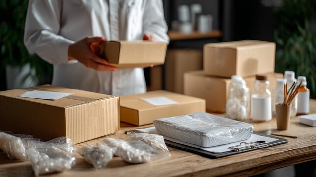 Hands packing boxes on warehouse table with cosmetics for ecommerce or shipping logistics photography