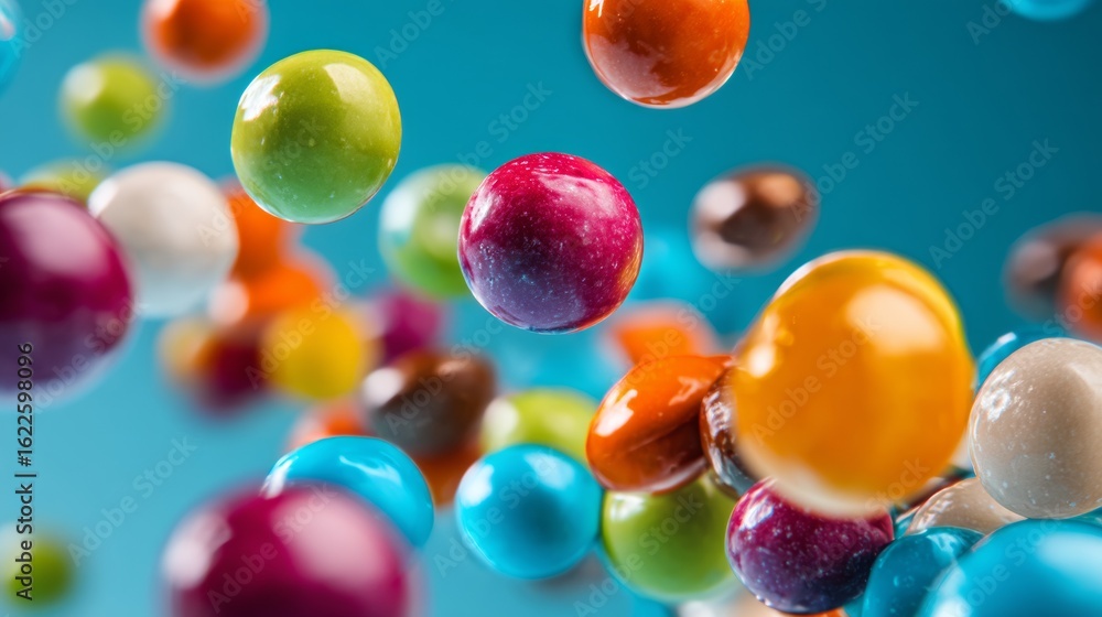 Poster multicolor glossy spheres floating in blue sky for playful abstract design or motion render backgrou