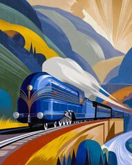 Art Deco poster of a luxury train speeding across stylized landscape, chrome details, bold lines and classic travel glamour