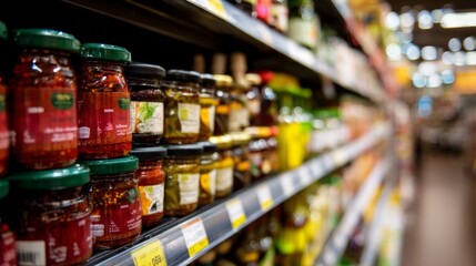 Grocery aisle filled with packaged jars and food items for supermarket product organization photography layout