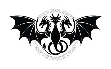 Black silhouette of a three headed dragon with large wings