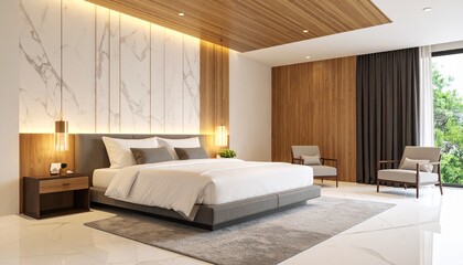 Hotel bedroom interior with bed and modern furniture