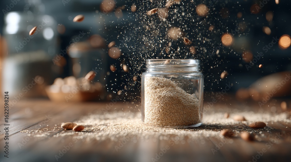 Poster cinematic jar of spice exploding in air with particles and light bokeh for motion food concept photo