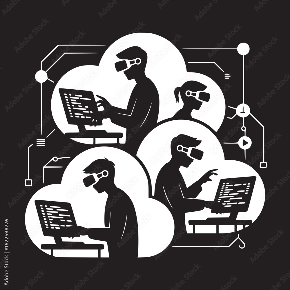 Poster silhouetted people wearing vr headsets and using computers in a connected network design illustratio