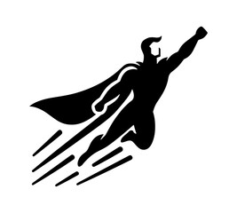 Simple black silhouette of superhero in flying pose with outstretched arm