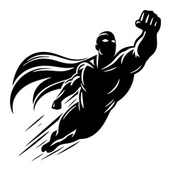 black silhouette of superhero in flying pose with outstretched arm