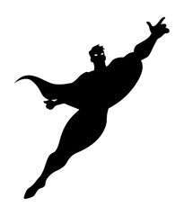 minimalist black silhouette of superhero in flying pose with outstretched arm